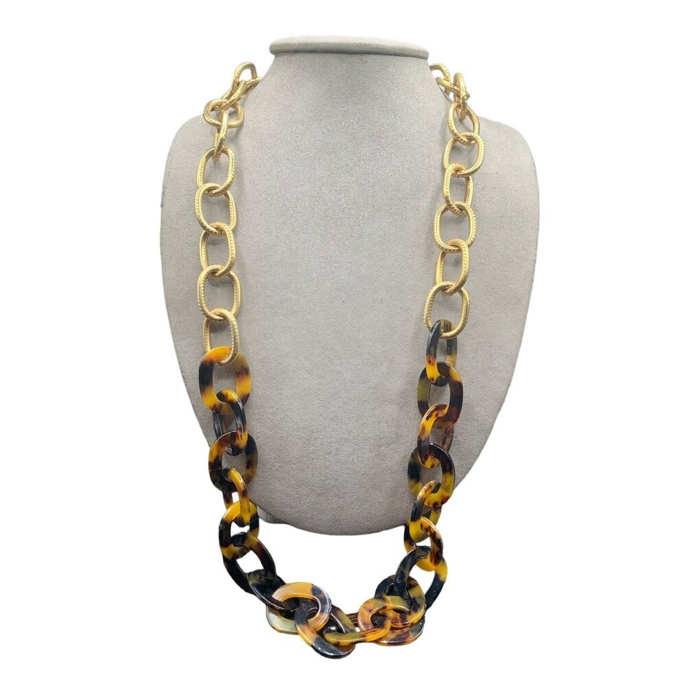 Faux Tortoise Plastic & Textured Metal Chain Necklace Chunky Gold Tone Statement